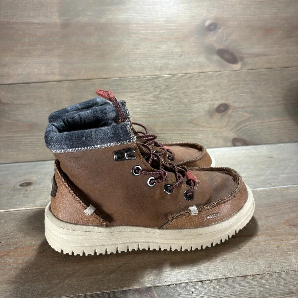 Hey Dude Bradley Boys size 12 shoes Brown Faux Leather Lined Lace Up Boots